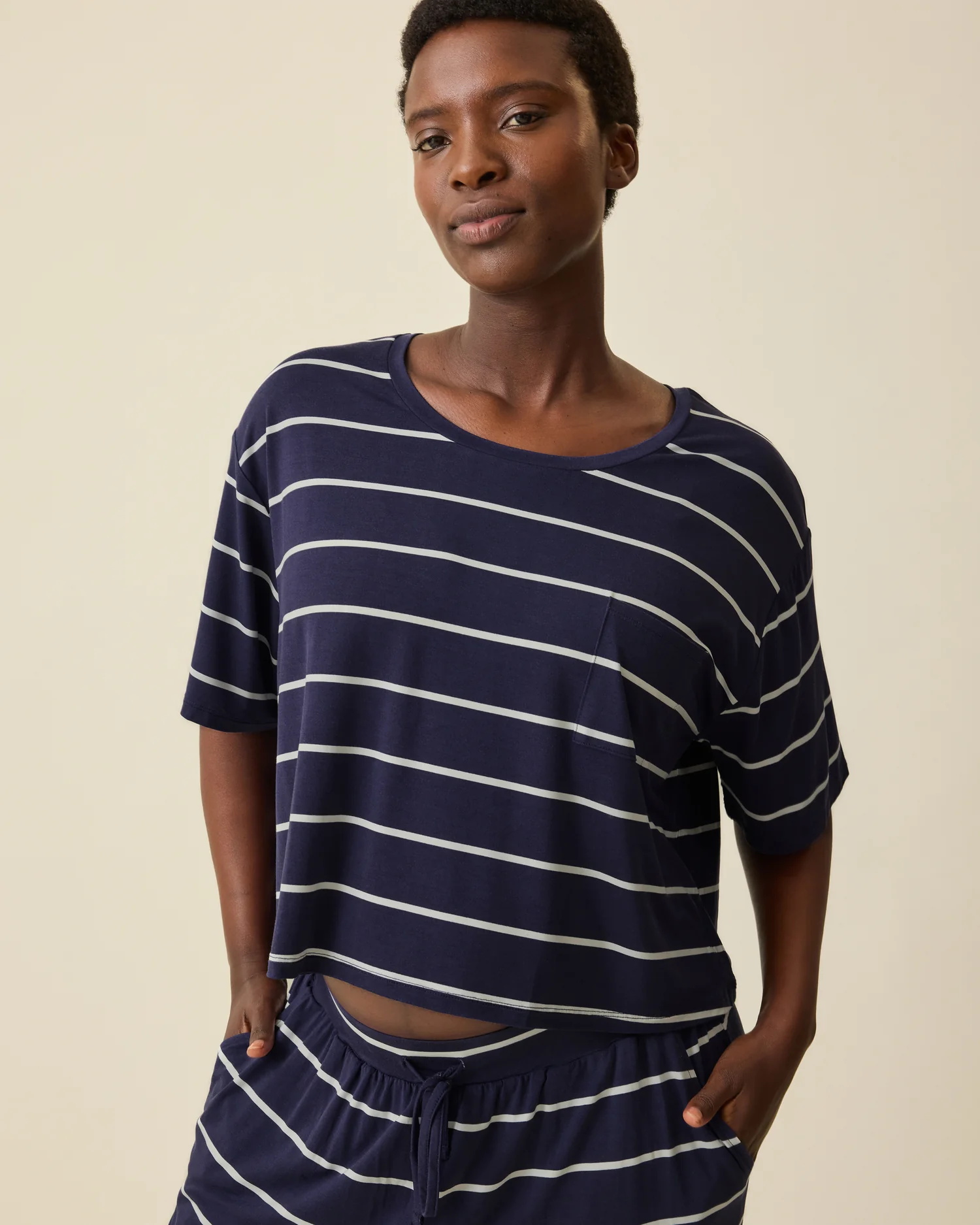 Aria Bamboo Casual Cropped Short Sleeve Top | Navy & White Stripe