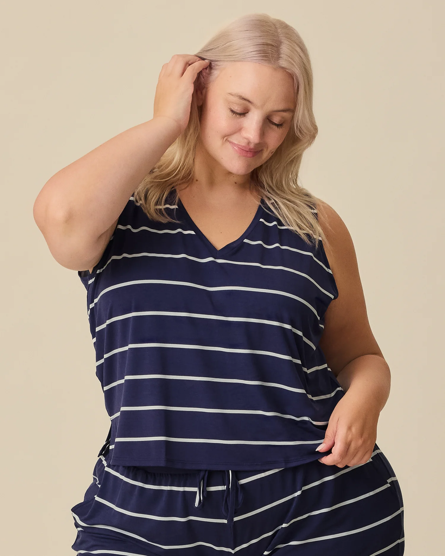 Aria Bamboo Cropped V-neck Tank | Navy & White Stripe