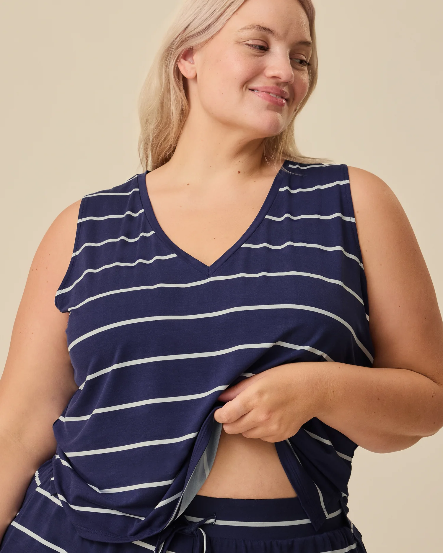 Aria Bamboo Cropped V-neck Tank | Navy & White Stripe - Image 2