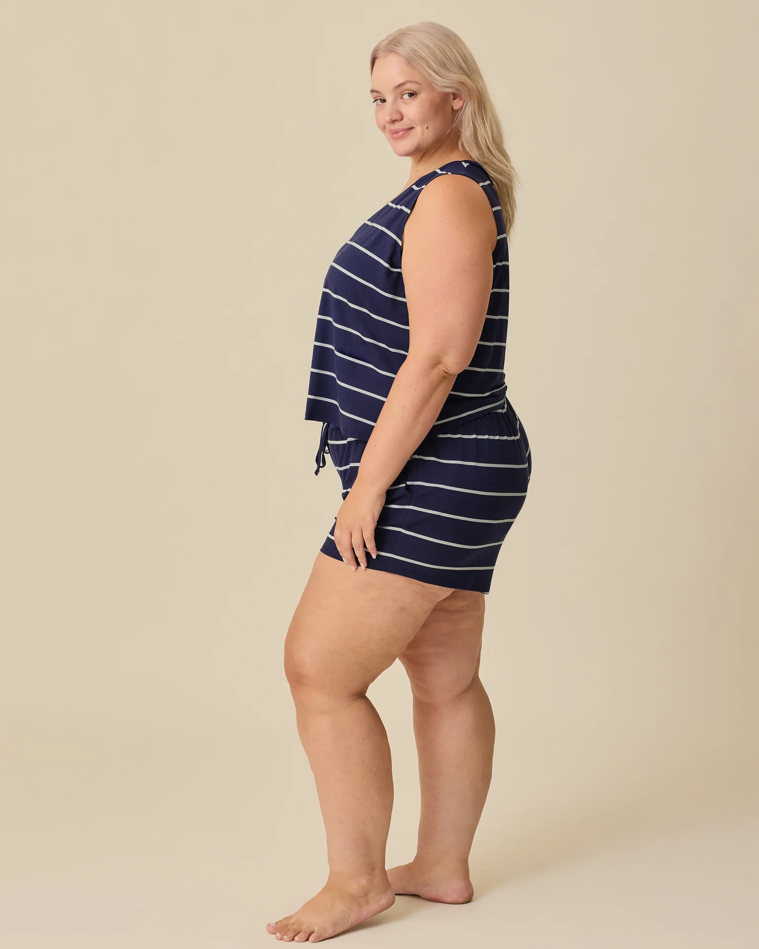 Aria Bamboo Cropped V-neck Tank | Navy & White Stripe - Image 3
