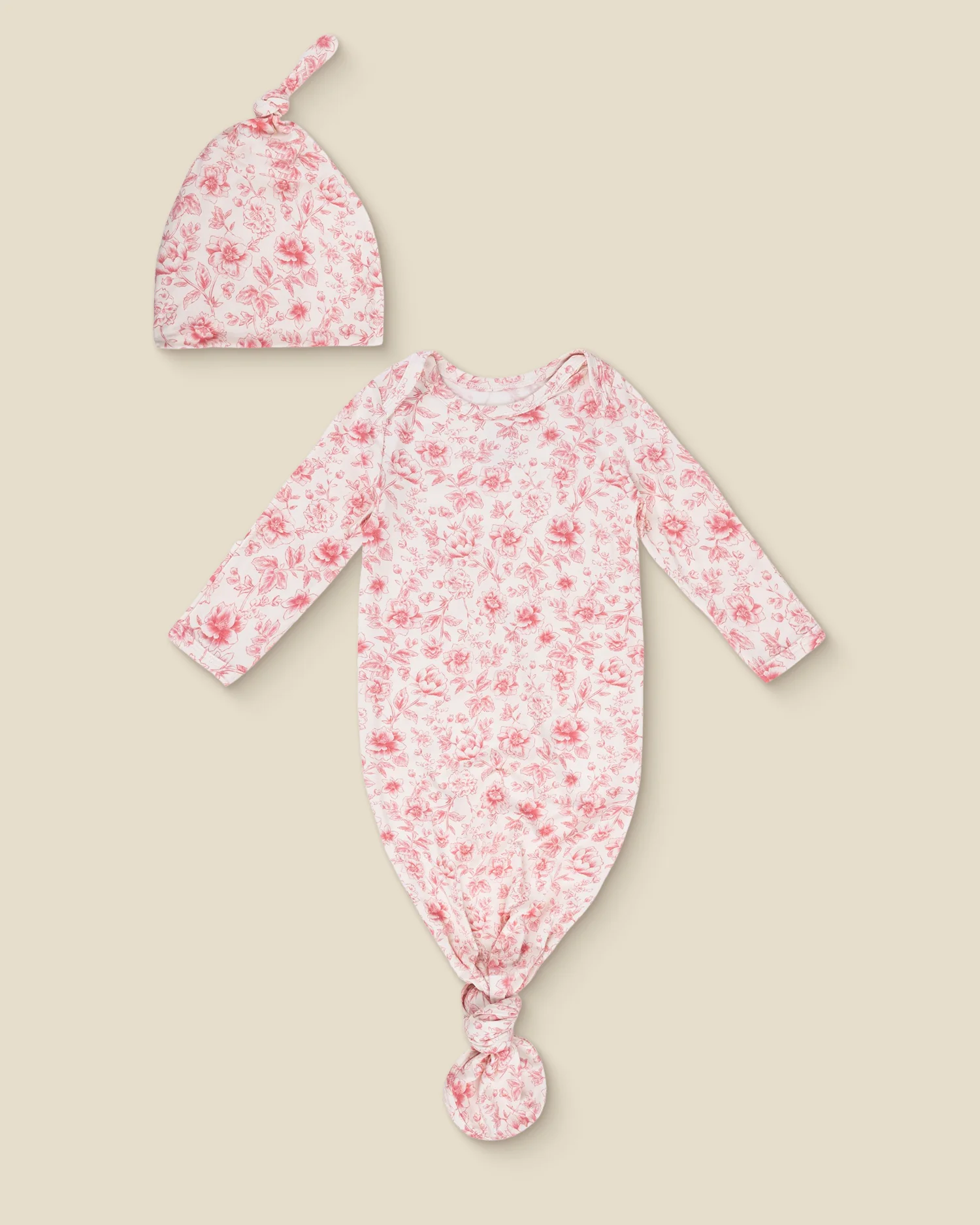 Bamboo Knotted Baby Gown & Hat | Pink Toile