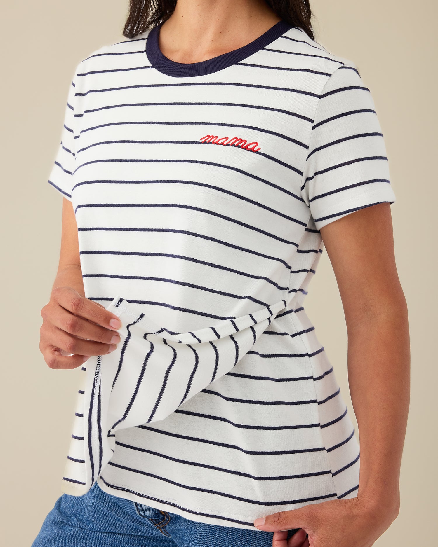 Classic Cotton Nursing T-shirt | Navy & White Stripe - Embroidered - Image 2