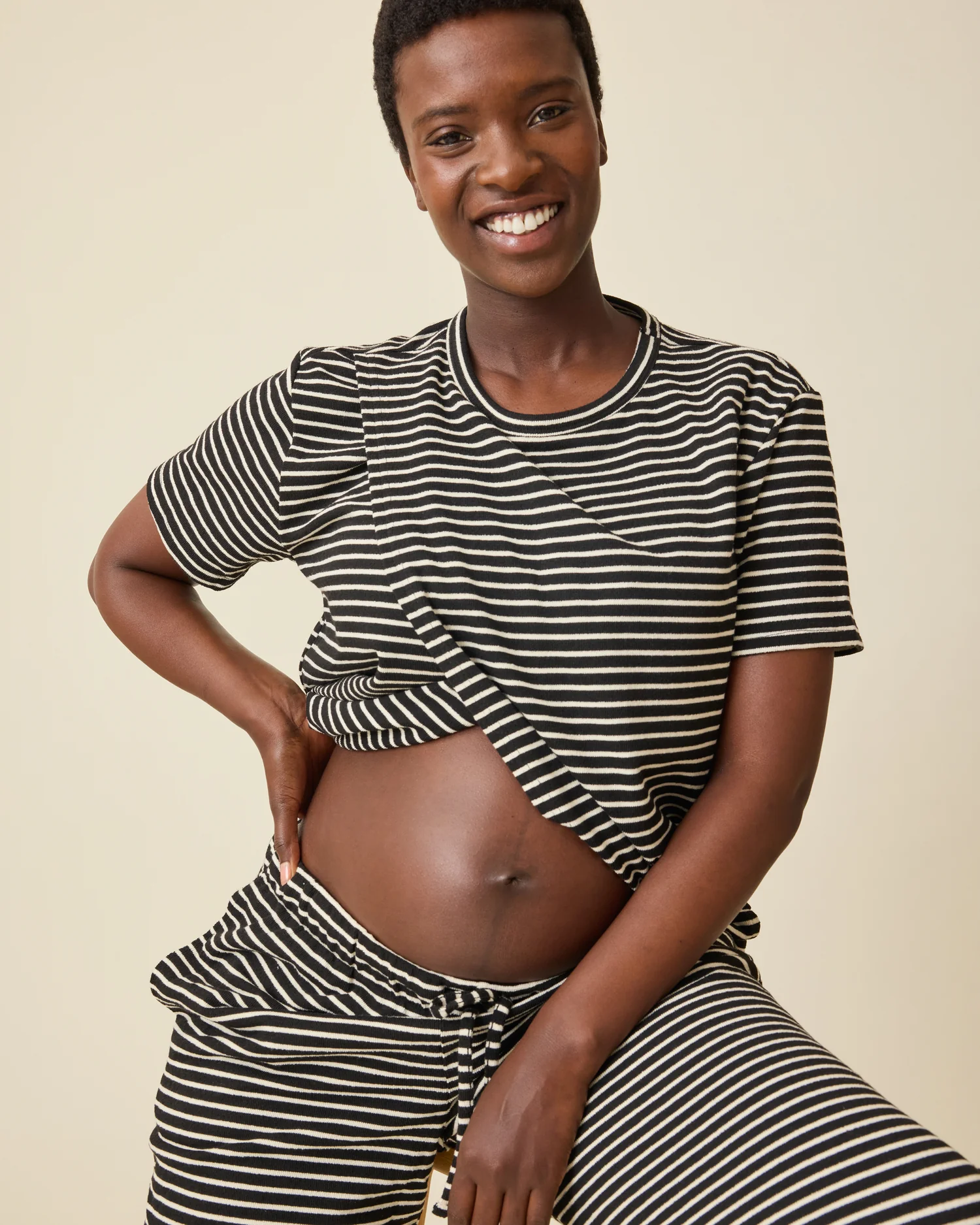Luxe Terry Maternity & Nursing Split Hem T-shirt | Black & Ivory Stripe - Image 3