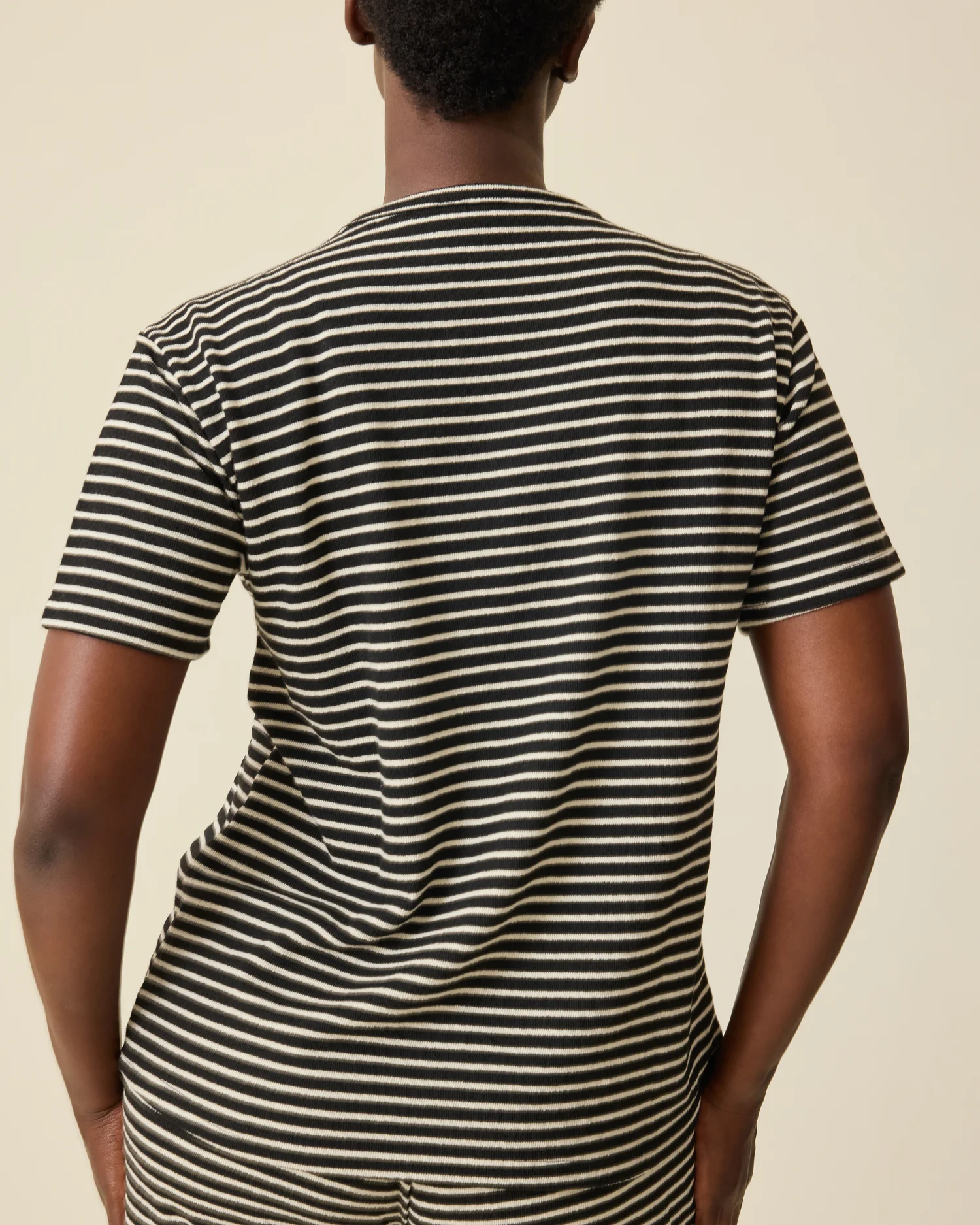 Luxe Terry Maternity & Nursing Split Hem T-shirt | Black & Ivory Stripe - Image 6