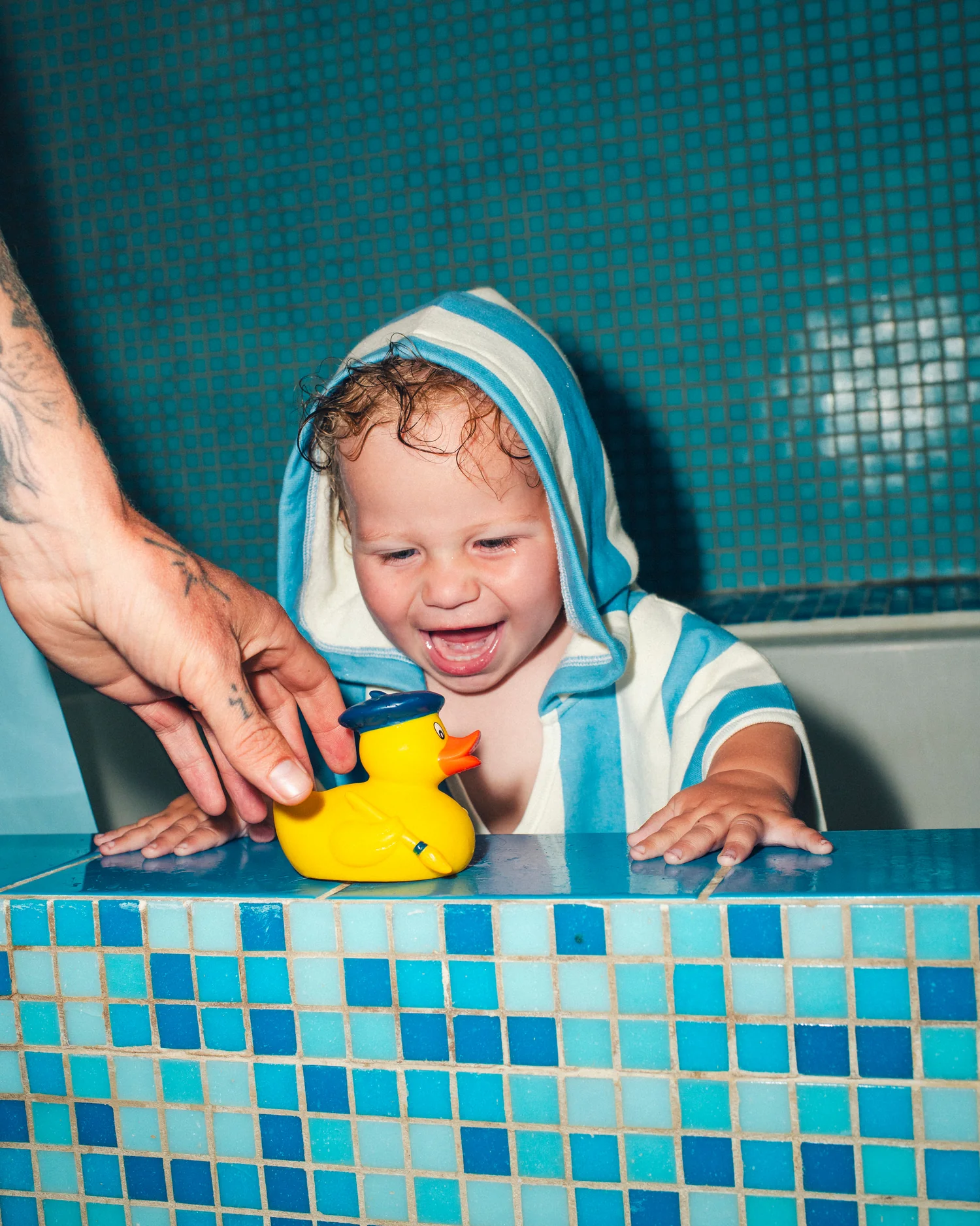 Organic Cotton Toddler Poncho Towel | Blue Wide Stripe - Image 5