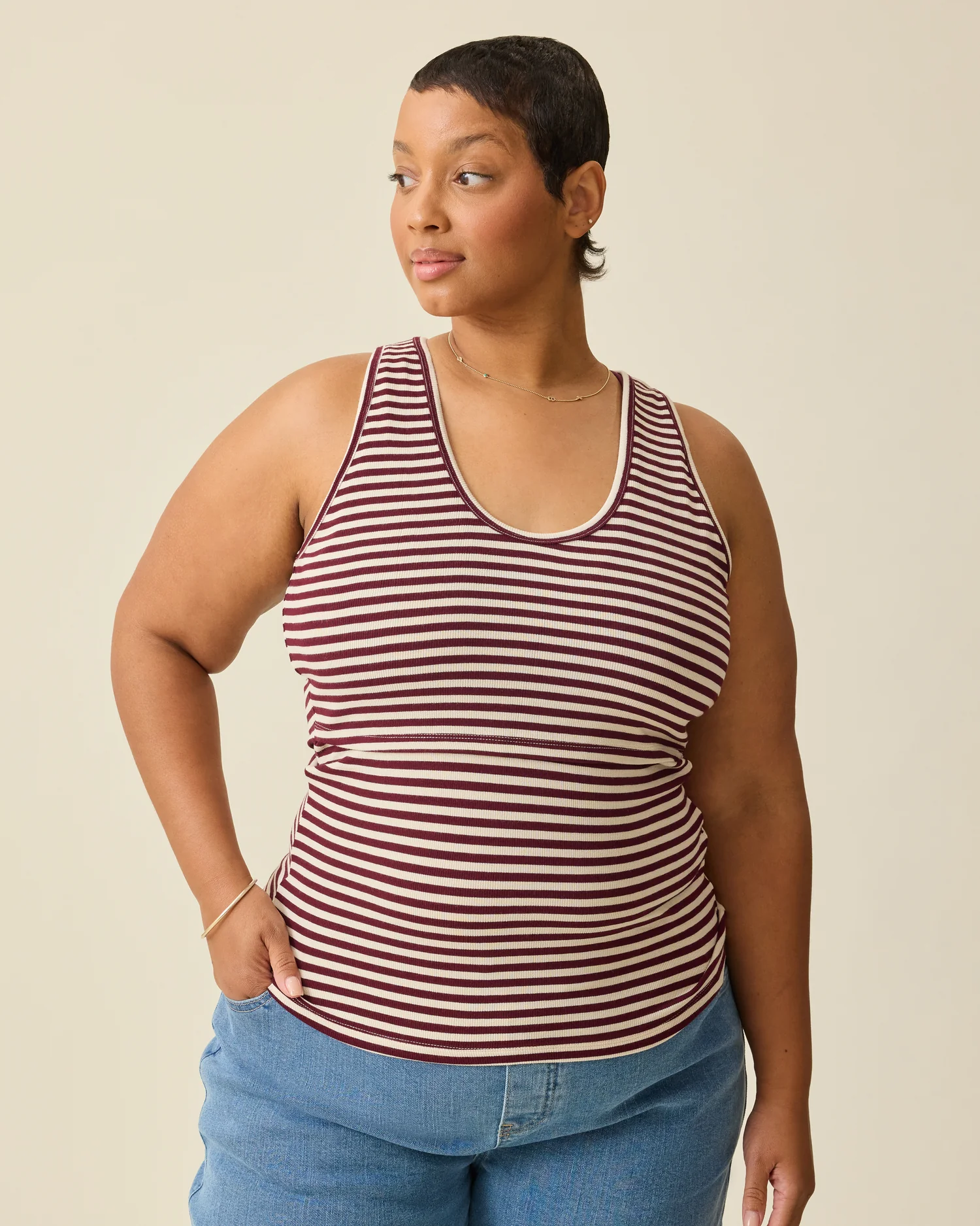 Ribbed Bamboo Scoop Neck Nursing Tank | Garnet Stripe